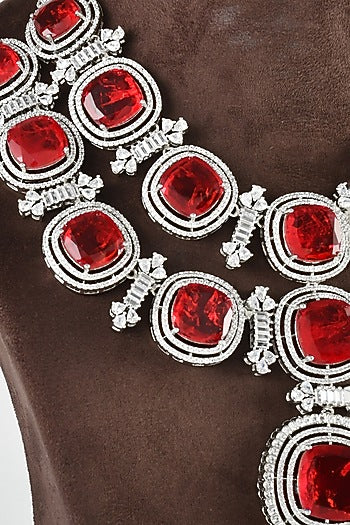 White Finish Zircon & Red Stone Necklace Set