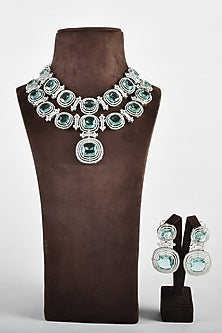 White Finish Zircon & Aqua Stone Necklace Set