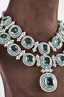 White Finish Zircon & Aqua Stone Necklace Set