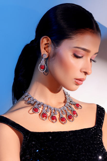 Gold Finish American Diamond & Ruby Stone Necklace Set