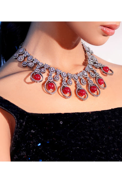 Gold Finish American Diamond & Ruby Stone Necklace Set