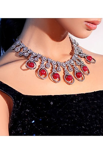 Gold Finish American Diamond & Ruby Stone Necklace Set