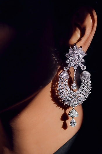 White Finish Zircon Long Earrings