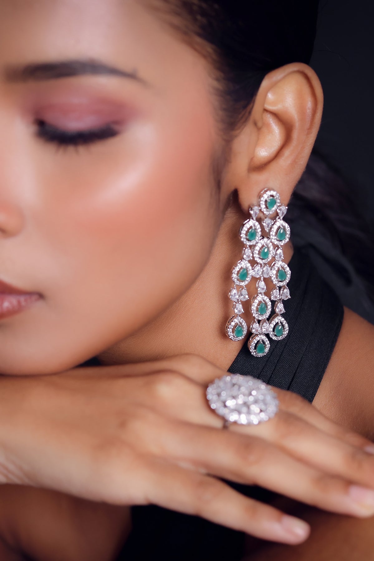 White Finish Zircon Long Earrings