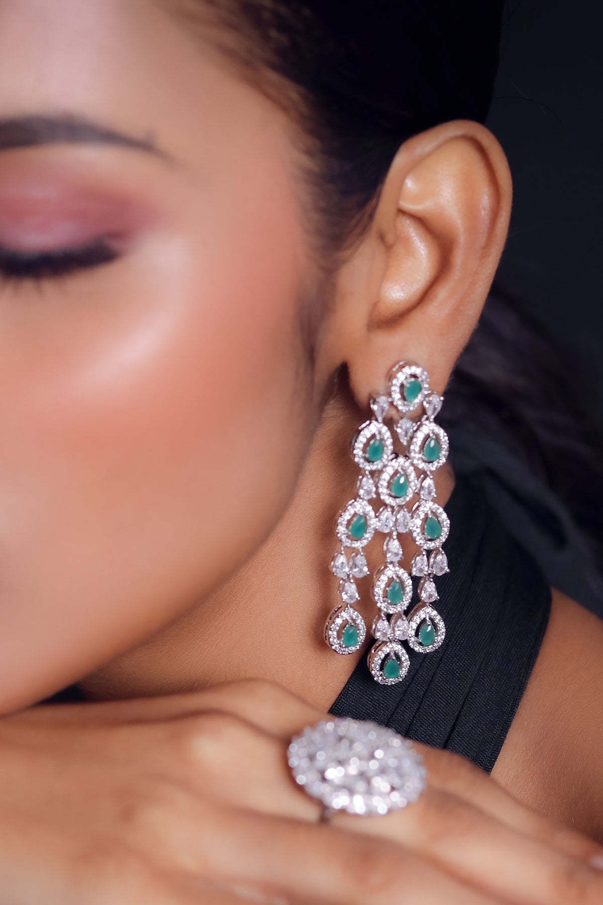 White Finish Zircon Long Earrings