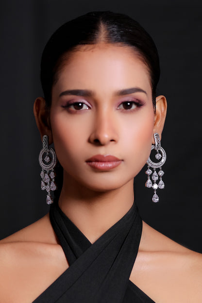 White Finish Zircon Long Earrings