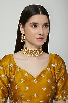 Gold Plated Kundan Polki & Pearl Choker Necklace Set
