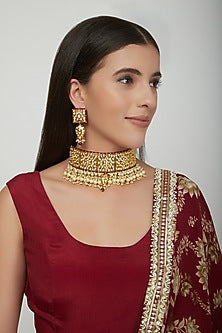 Gold Plated Kundan Polki & Pearl Choker Necklace Set