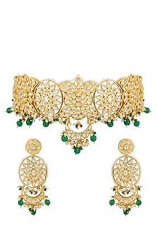 Gold Plated Kundan Polki & Green Stone Choker Necklace Set