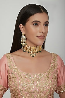 Gold Plated Kundan Polki & Green Stone Choker Necklace Set
