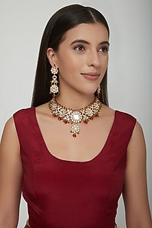 Gold Plated Kundan Polki & Ruby Choker Necklace Set