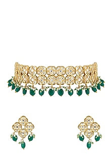 Gold Plated Kundan Polki & Green Beaded Choker Necklace Set