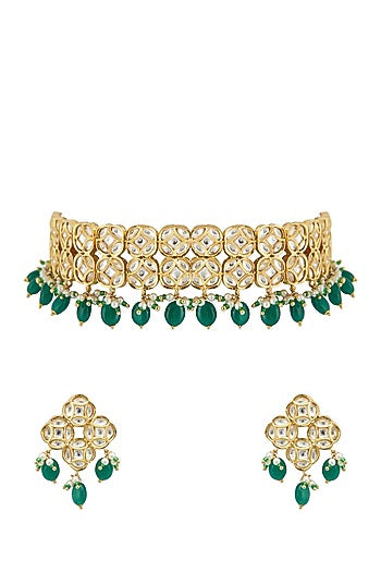 Gold Plated Kundan Polki & Green Beaded Choker Necklace Set