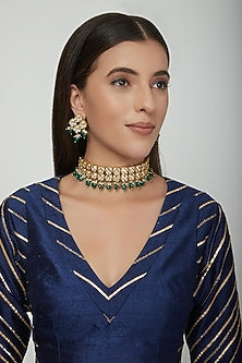 Gold Plated Kundan Polki & Green Beaded Choker Necklace Set