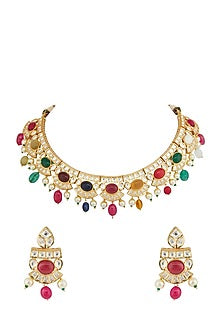 Gold Plated Kundan Polki & Navratna Necklace Set