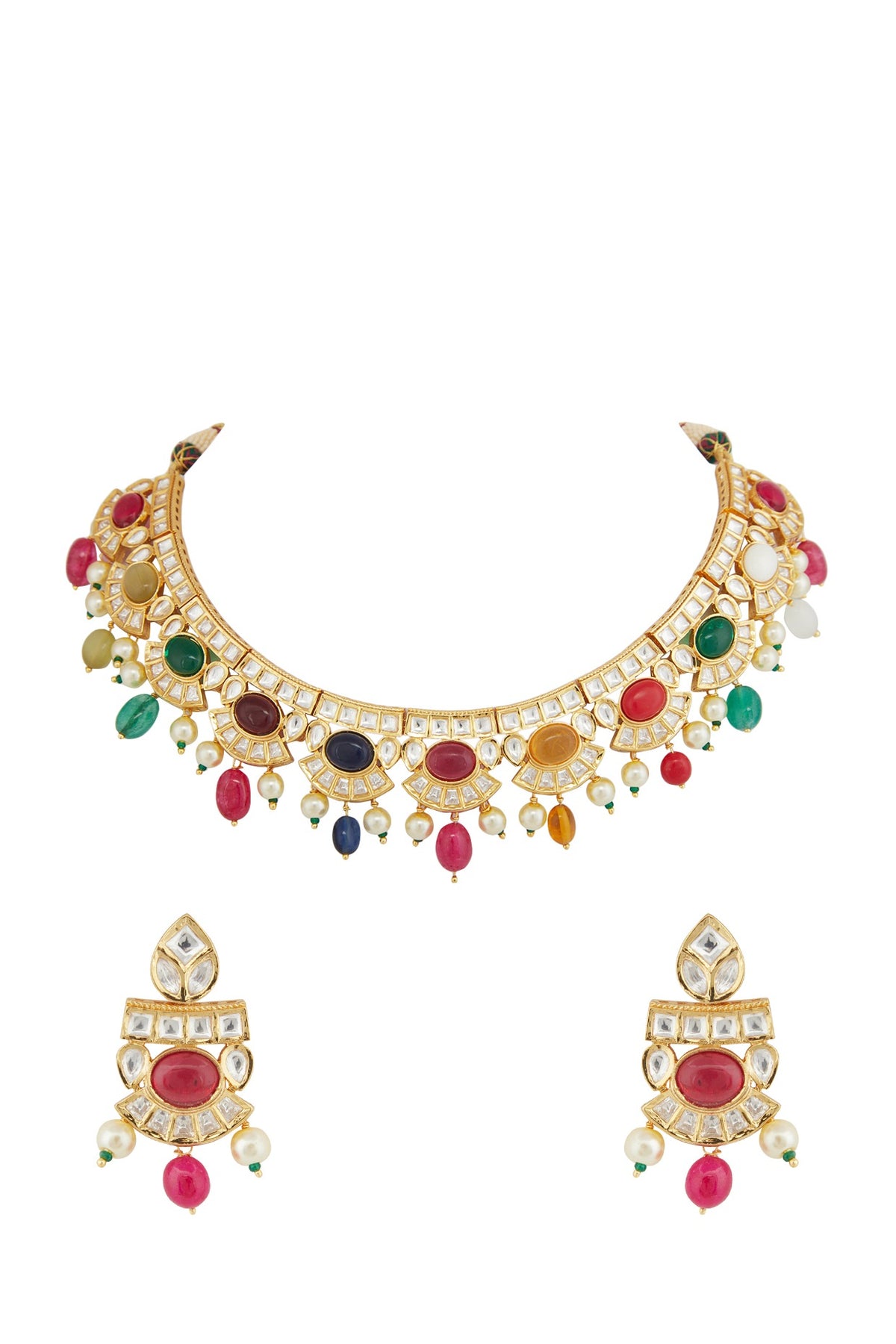 Gold Plated Kundan Polki & Navratna Necklace Set