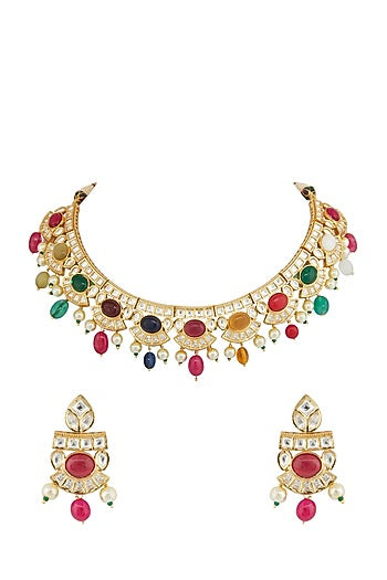 Gold Plated Kundan Polki & Navratna Necklace Set