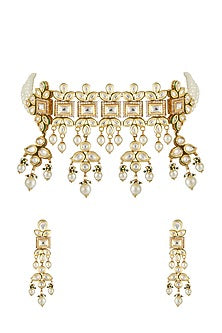 Gold Plated Pearl & Kundan Polki Choker Necklace Set