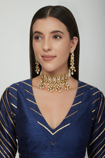 Gold Plated Pearl & Kundan Polki Choker Necklace Set