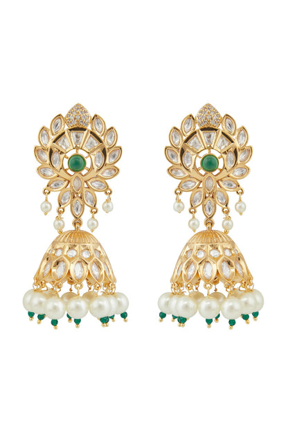 Gold Plated Kundan Polki & Pearl Jhumka Earrings