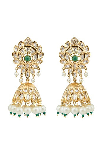 Gold Plated Kundan Polki & Pearl Jhumka Earrings