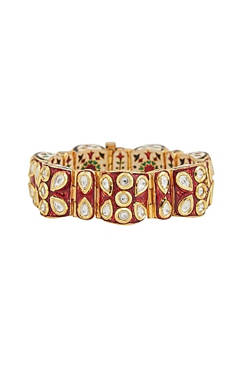 Gold Plated Kundan Polki Red Meenakari Openable Kada