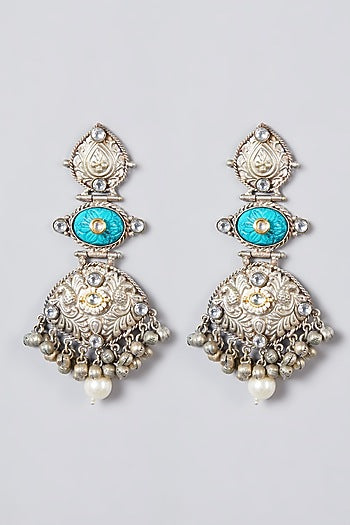 Oxidised Silver Finish Kundan Polki & Pearl Dangler Earrings