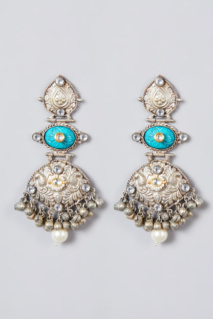 Oxidised Silver Finish Kundan Polki & Pearl Dangler Earrings
