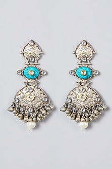 Oxidised Silver Finish Kundan Polki & Pearl Dangler Earrings