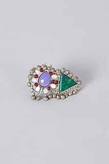 Oxidised Silver Finish Kundan Polki Handcrafted Ring