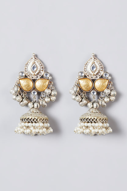 Oxidised Silver Finish Kundan Polki & Pearl Jhumka Earrings