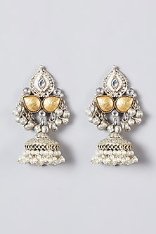 Oxidised Silver Finish Kundan Polki & Pearl Jhumka Earrings