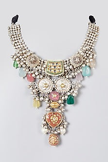 Oxidised Silver Finish Kundan Polki & Pearl Choker Necklace