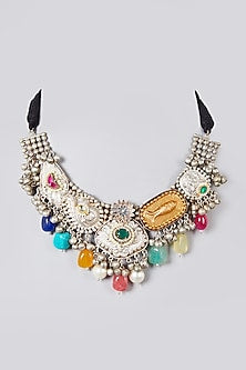 Oxidised Silver Finish Natural Stone & Pearl Choker Necklace