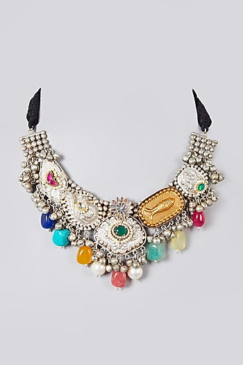 Oxidised Silver Finish Natural Stone & Pearl Choker Necklace
