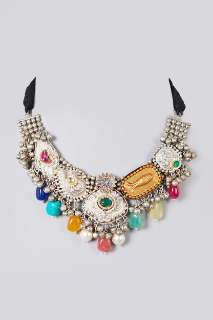 Oxidised Silver Finish Natural Stone & Pearl Choker Necklace