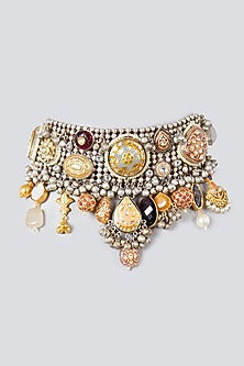 Oxidised Silver Finish Natural Stone & Kundan Polki Choker Necklace