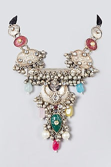 Oxidised Silver Finish Natural Stone & Kundan Polki Long Necklace