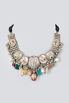 Oxidised Silver Finish Kundan Polki & Pearl Choker Necklace