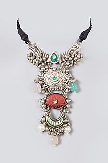 Oxidised Silver Finish Kundan Polki & Pearl Choker Necklace