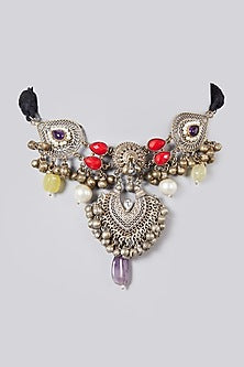 Oxidised Silver Finish Kundan Polki & Pearl Choker Necklace