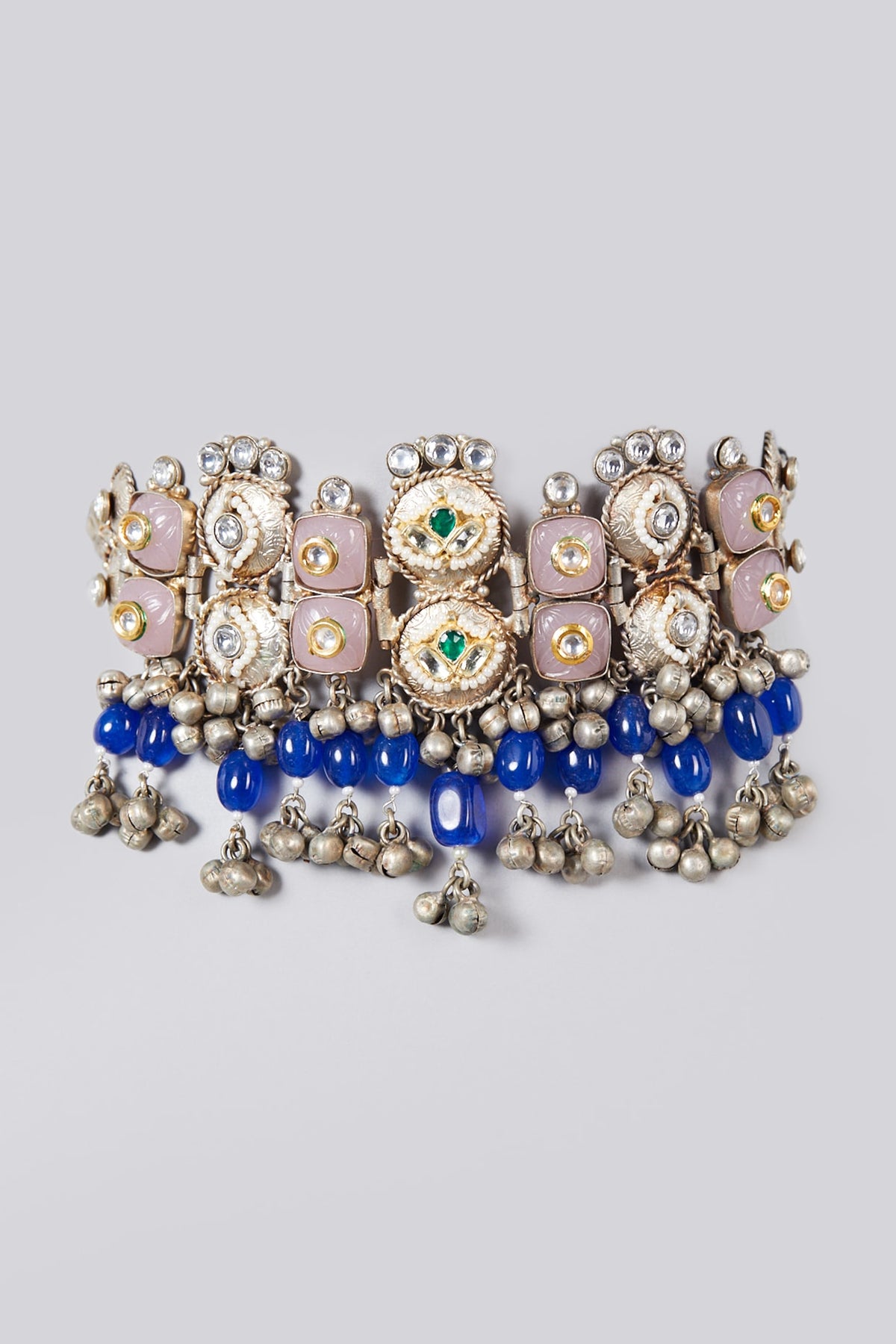Oxidised Silver Finish Kundan Polki & Pearl Choker Necklace