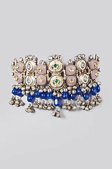 Oxidised Silver Finish Kundan Polki & Pearl Choker Necklace