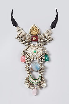 Oxidised Silver Finish Kundan Polki & Natural Stone Choker Necklace