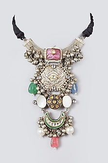 Oxidised Silver Finish Kundan Polki & Natural Stone Choker Necklace