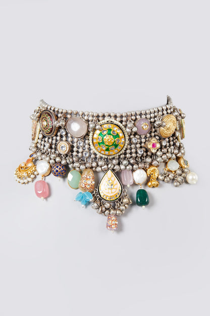 Oxidised Silver Finish Kundan Polki & Natural Stone Choker Necklace