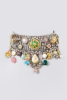 Oxidised Silver Finish Kundan Polki & Natural Stone Choker Necklace