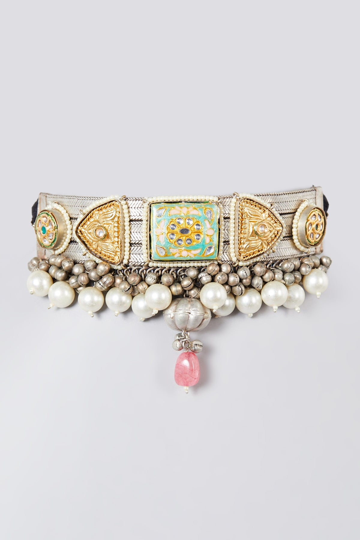 Oxidised Silver Finish Kundan Polki & Pearl Choker Necklace
