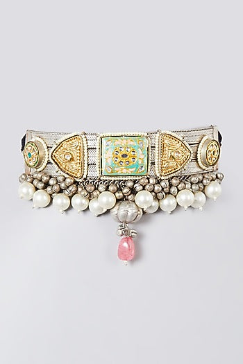 Oxidised Silver Finish Kundan Polki & Pearl Choker Necklace