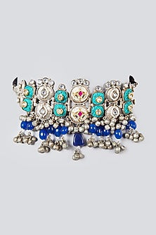 Oxidised Silver Finish Kundan Polki & Natural Stone Choker Necklace